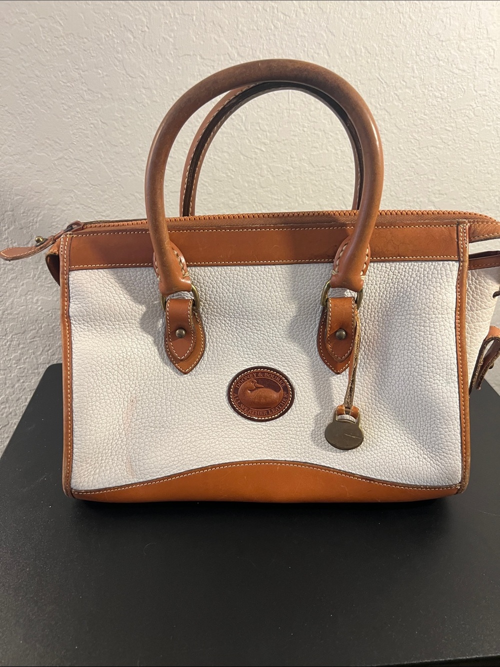 Dooney & Bourke White and Brown Pebble Leather Satchel
